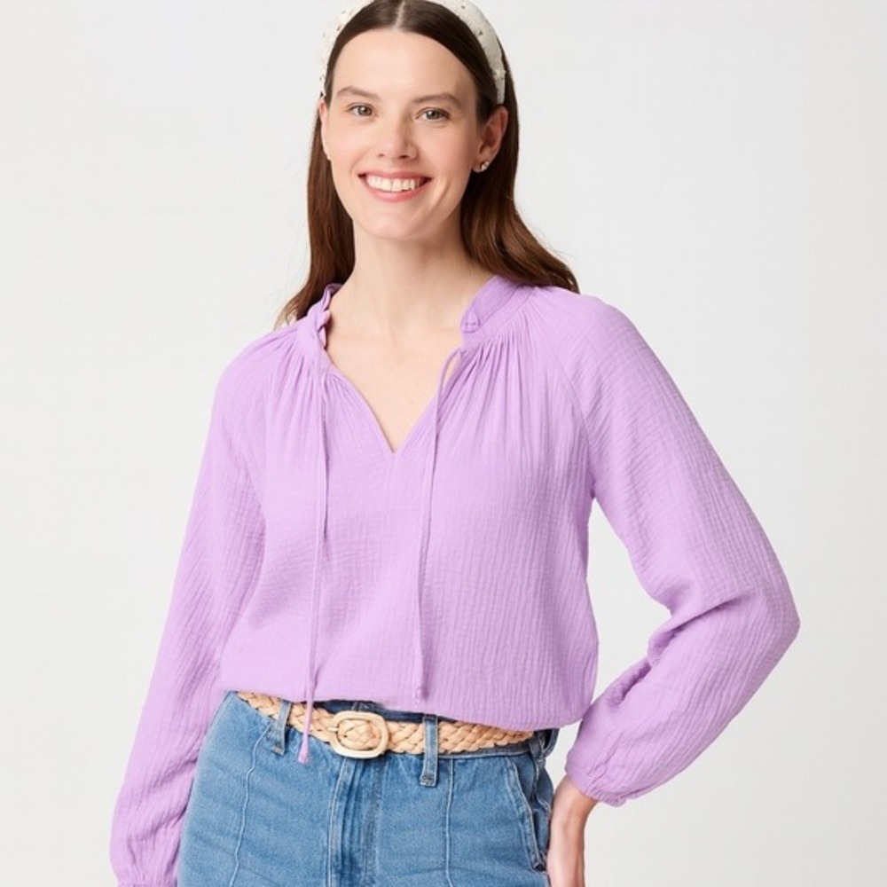 J Crew Top Womens XXS Petite Long Sleeve‎ Gauze Tie Neck Top Lilac Cotton CI306